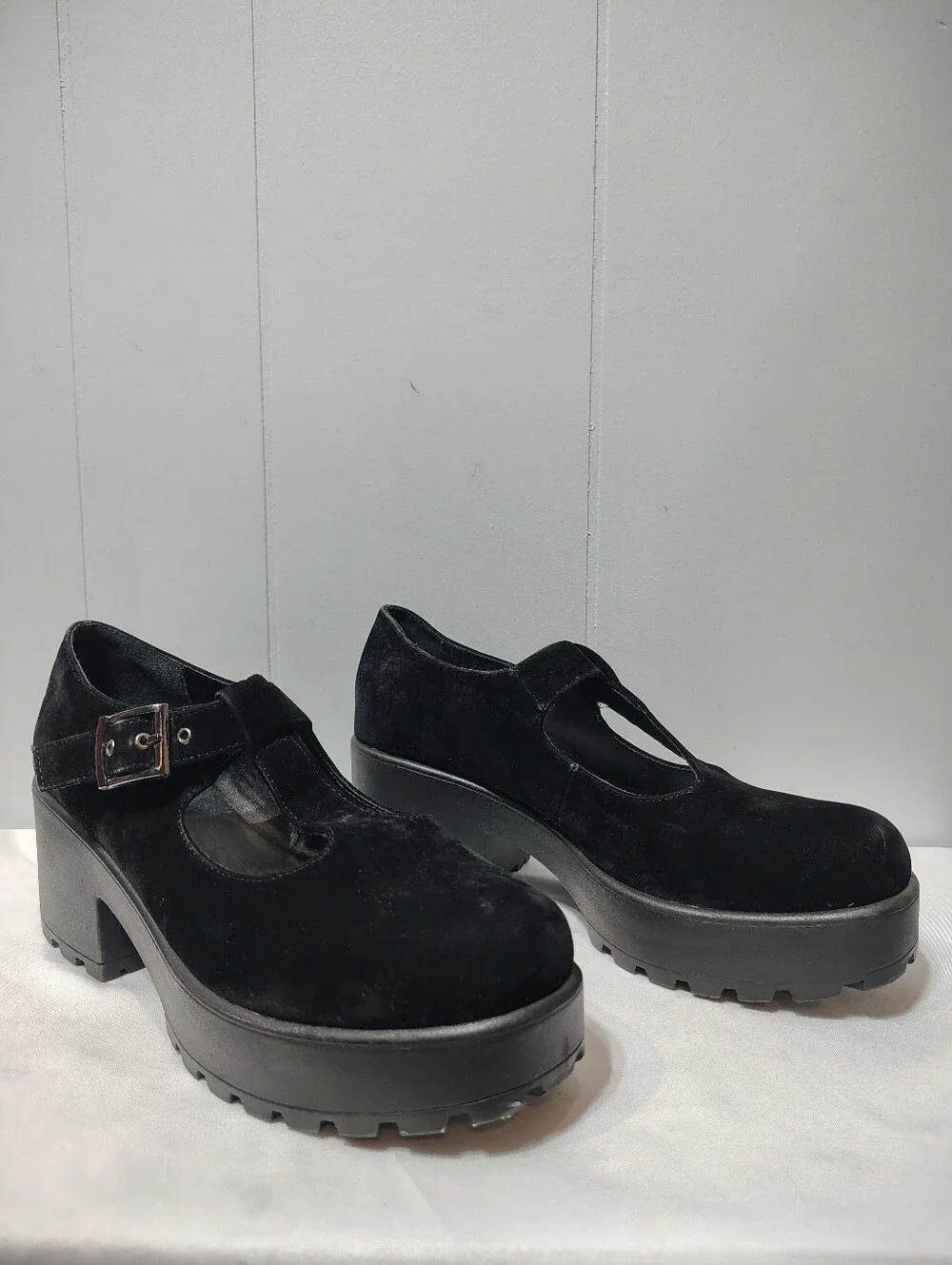 Koi Black Platform Chunky Faux Suede Sai Mary Janes Size UK 8/ US 10